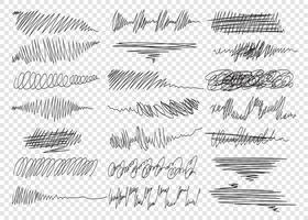 collection of hand drawn strokes. Ink scribble stripes, childrens crayon doodle, rough hand drawn scratches. Set of unique squiggles in doodle style. vector