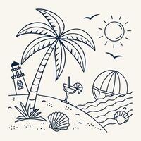 Sunny Beach Scene Palm Tree, Cocktail, and Seashells Line Art vector