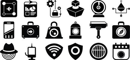 Security system icon set with surveillance camera lock hacker alert for cybersecurity and data protection themes vector