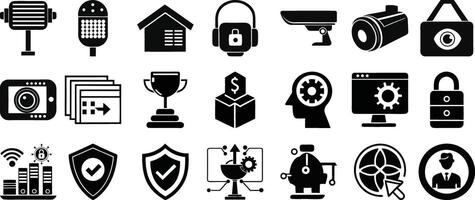 Surveillance icon pack for privacy monitoring password hacking alarm safety shield protection and secure system vector