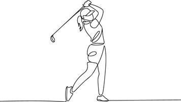 Dynamic female golf player continuous one line art drawing vector