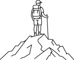 A simple line art illustration of a hiker standing atop a mountain peak. vector