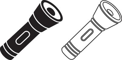 Black silhouette and line art outline flashlight torch set icons vector