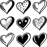 Nine hand drawn black and white hearts vector