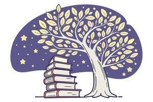 Books blossoming into a magical tree, emitting light and stars, symbolizing the spread of knowledge World Book and Copyright Day vector