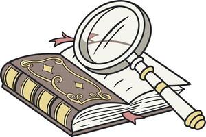 World Book and Copyright Day A close up of a magnifying glass focusing on an open book, representing the search for knowledge on World Book and Copyright Day vector