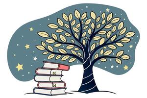 Transforming books into a glowing tree with magical stars, symbolizing the power of learning World Book and Copyright Day vector