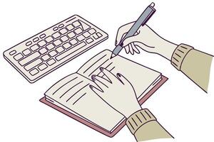 Hand writing in a notebook while using a computer keyboard, symbolizing the blend of traditional and digital writing for World Book and Copyright Day vector