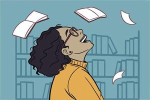 World Book Day Young Woman with Curly Hair Enthusiastically Engaged with Books, A Fun Take on the Love for Literature vector