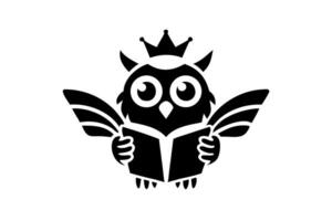 Cute owl holding a book with a crown on its head, great for World Book Day, reading, literacy, and educational themes in a playful cartoon style vector