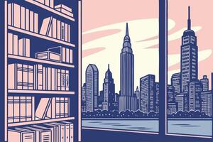 Bookshelf transforming into a dynamic city skyline with a glowing sunset backdrop, representing the power of ideas and cities on World Book and Copyright Day vector
