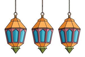 Intricately designed Ramadan lanterns in vibrant colors with hanging chains, perfect for the holy month of Ramadan and festive decoration vector