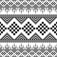 A seamless tribal pattern in black and white, combining checkered diamonds, stripes, and triangles. Perfect for textiles, backgrounds, and ethnic-inspired designs. vector
