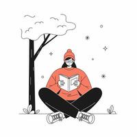 A Young Reader Enjoying a Book Under a Stylized Tree with Stars vector