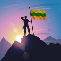 Lithuanian flag raised on mountain peak with purplish yellow sunset background vector