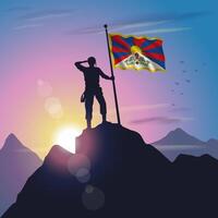 Tibet flag raised on mountain peak with purplish yellow sunset background vector