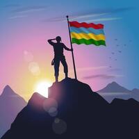 Mauritius flag raised on mountain peak with purplish yellow sunset background vector