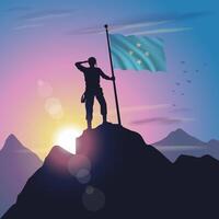 Micronesia flag raised on mountain peak with purplish yellow sunset background vector