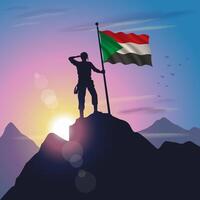 Sudan flag raised on mountain peak with purplish yellow sunset background vector