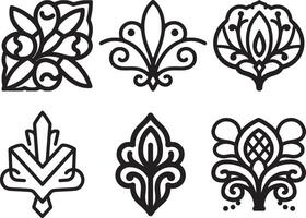 Six decorative floral design elements in black line art vector
