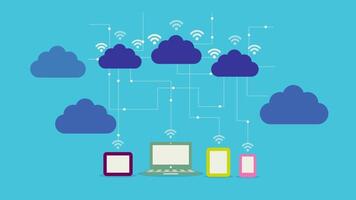 Cloud computing visualization showing devices connected through wireless signals in a digital environment for easy data access and sharing video