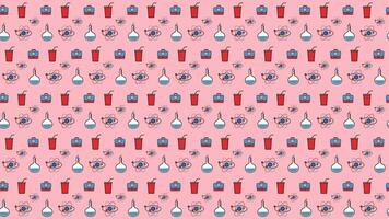 Fun pattern featuring colorful drinks, lab equipment, and quirky sunglasses on a pink background video