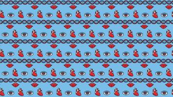 Unique graphic design featuring colorful patterns of hearts, lips, and eyes on a blue background video
