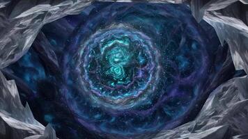 Exploration of a mystical vortex in a cavern with swirling cosmic patterns and vibrant colors video