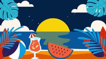 Colorful beach scene features sunset, tropical drink, and summer vibes video