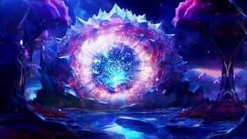 Exploring a vibrant cosmic portal in an enchanted landscape at night with dazzling colors and celestial elements video