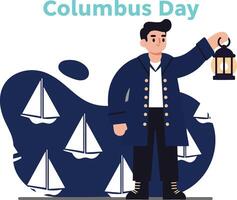 Christopher Columbus holding lantern with sailing ships celebrating Columbus Day illustration in navy and white colors vector