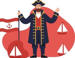 Pirate captain standing with flag and sailboats on red background illustration vector