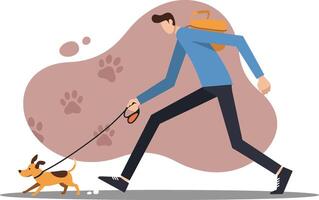 Man walking small dog on leash outdoors with paw prints background illustration vector
