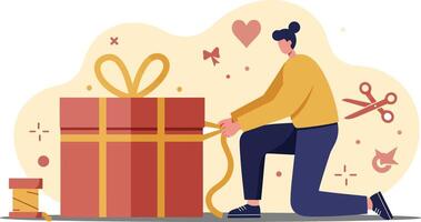 Person wrapping large gift box with ribbon and scissors for special occasion celebration in warm tones illustration vector