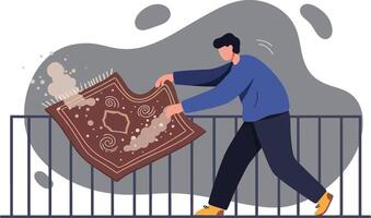 Man holding and unfolding a large brown map outdoors with railing and abstract background illustration vector