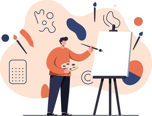 Artist painting on canvas with palette and brush in creative studio environment illustration