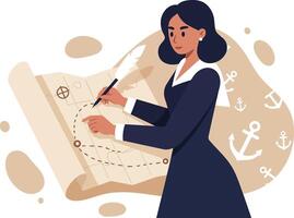 Woman Navigating with Map and Compass Illustration in Modern Flat Design Style for Travel Concept vector