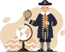 Old sea captain holding a globe standing near a globe with ocean waves illustration vector