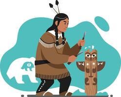 Native American man carving traditional totem pole with bear symbol in tribal attire illustration vector