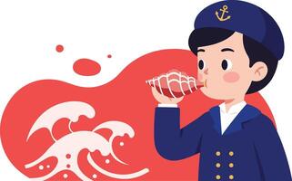 Sailor in navy uniform drinking from conch shell with red ocean wave background illustration vector