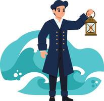 Man Holding Lantern with Ocean Waves Background Illustration in Dark Coat and Boots vector