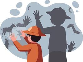 Child exploring prehistoric cave paintings with shadow interaction and ancient animal drawings illustration vector