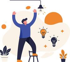 Man changing light bulb with standing stool and illuminated bulbs illustration in modern style vector