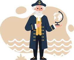 Captain holding a compass in front of ocean waves nautical illustration with beige background vector