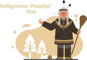 Indigenous elder holding wooden club celebrating Indigenous Peoples Day with trees background illustration vector