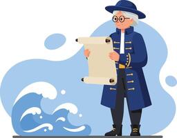 Historical sailor reading a map with ocean waves background in blue and navy outfit illustration vector