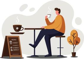 Man enjoying coffee at cafe drinking hot beverage sitting on stool near menu board and plant illustration vector