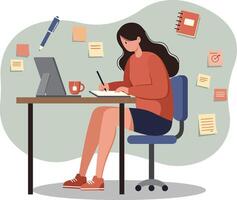 Woman studying at desk with computer and notes in casual outfit illustration vector