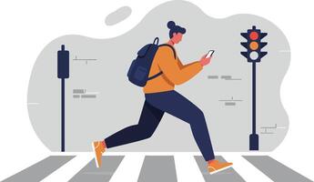 Person walking across pedestrian crossing using smartphone with traffic light in urban setting illustration vector