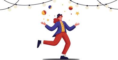Man dancing joyfully under decorative lights with colorful lanterns in festive celebration scene vector